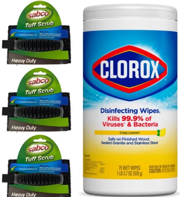 BUNDLE of 3x Sabco Heavy Duty Tuff Scrub + Clorox Disinfecting Wipes Crisp