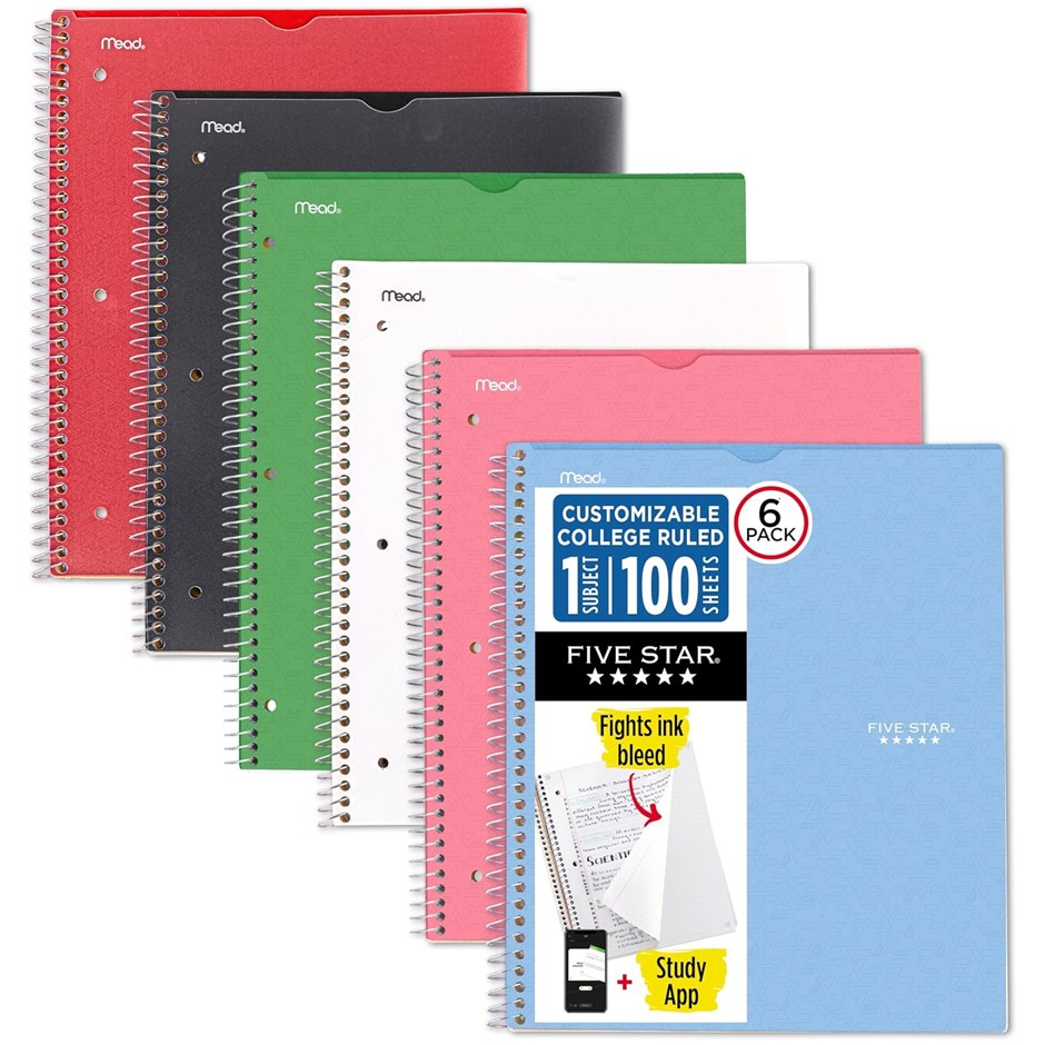 Five Star Spiral Notebooks + Study App, 6 Pack, 1 Subject, College Ruled, 8