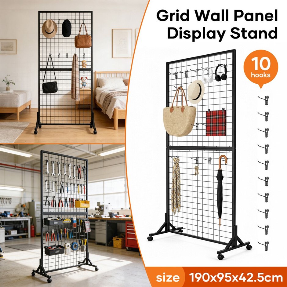 Mobile Grid Wall Floor Display Stand with 10 Hooks & Wheels 190x95x42.5cm