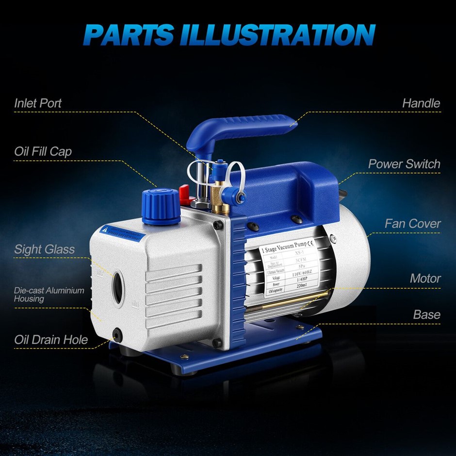 3CFM Vacuum Pump 1 Stage 230V HVAC AC Refrigeration Degassing Pump