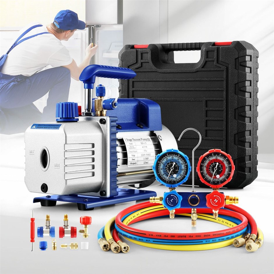 Blue 4CFM Vacuum Pump Set 1/3HP HVAC AC R134A R410 Manifold Gauges Kit