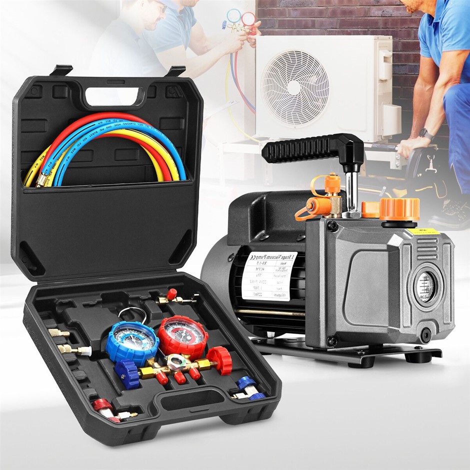 Black 4CFM Vacuum Pump Set 1/3HP HVAC AC R134A R410 Manifold Gauges Kit