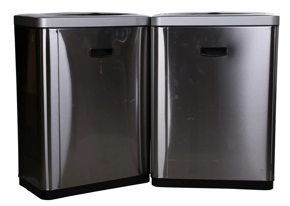 3 x Stainless Steel 47 L Motion Sensor Trash Bins. NB: Has Been Used & Moti