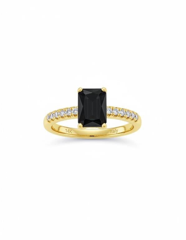 14K/Italy 2.0ct Black Emerald Cut Yellow Gold RingWarranty Quality-9US