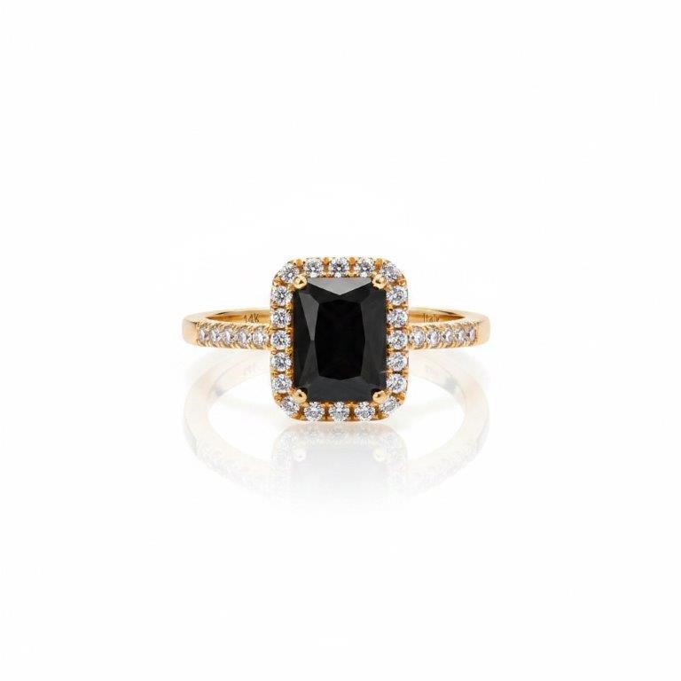 14K/Italy 2.0ct black Emerald Cut Yellow Gold RingWarranty Quality-8US