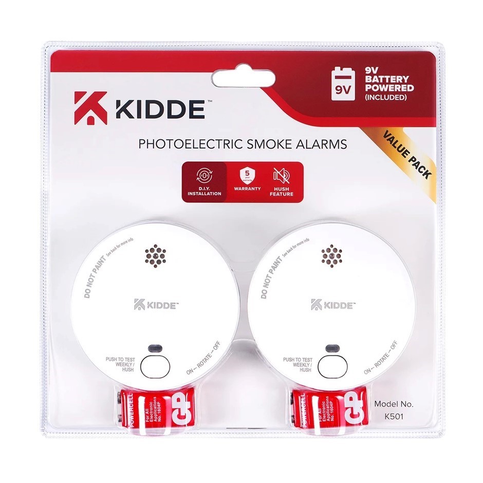 KIDDE 2pk Smoke Alarm K501. NB: opened packaging, not tested, screws missin