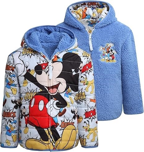 DISNEY Kids' Reversible Puffer/Sherpa Jacket, Size 6, Mickey Mouse (Blue).