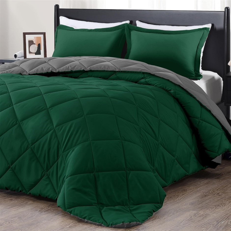 DOWNLUXE King Size Comforter Set Dark Green and Grey King Comforter, Soft B