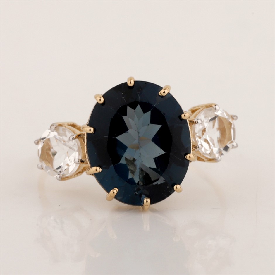 Yellow Gold Natural London Blue Topaz / Natural White Topaz Ring
