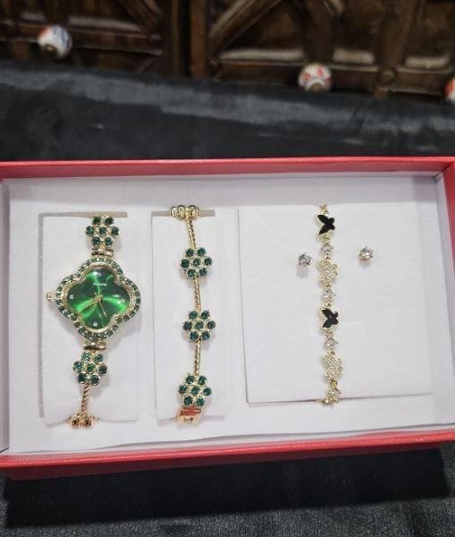 4-Piece Jewellery Set.Watch,Two Bracelet & Earrings(Gift Box Included)