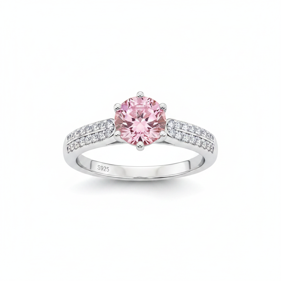 1.0ct 925 Sterling Silver Pink Brilliant Cut Simulated Diamonds Ring