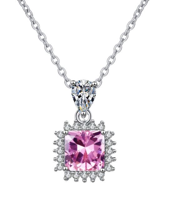 925 Sterling Silver Pink stones Princess Cut Necklace-Simulated Diamonds