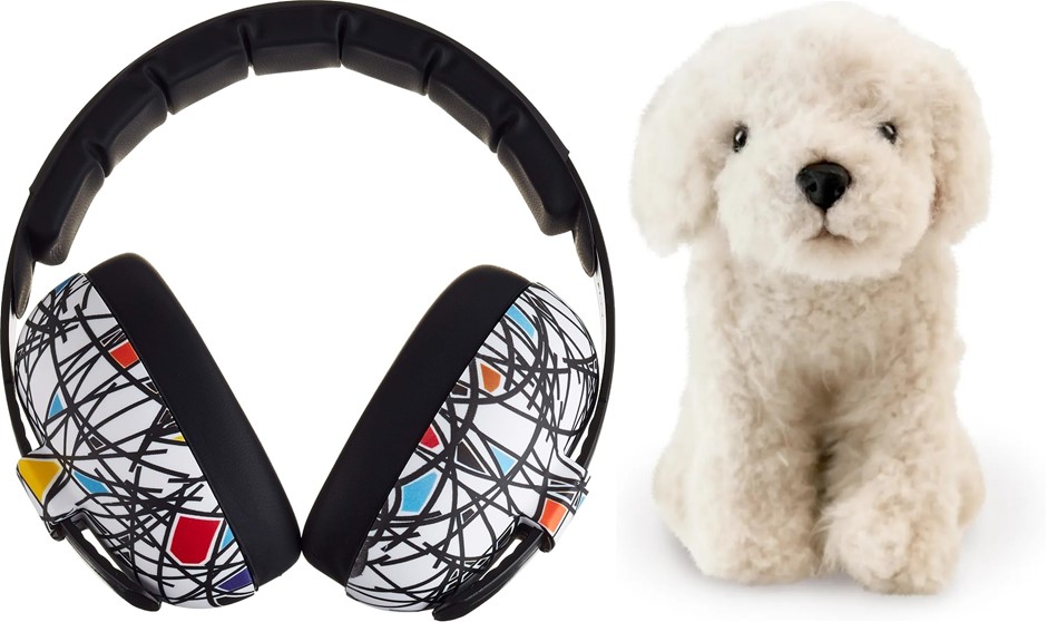 Banz Bubzee Baby Earmuffs, Sticks and Stones + Labradoodle Plush Toy, 20cm