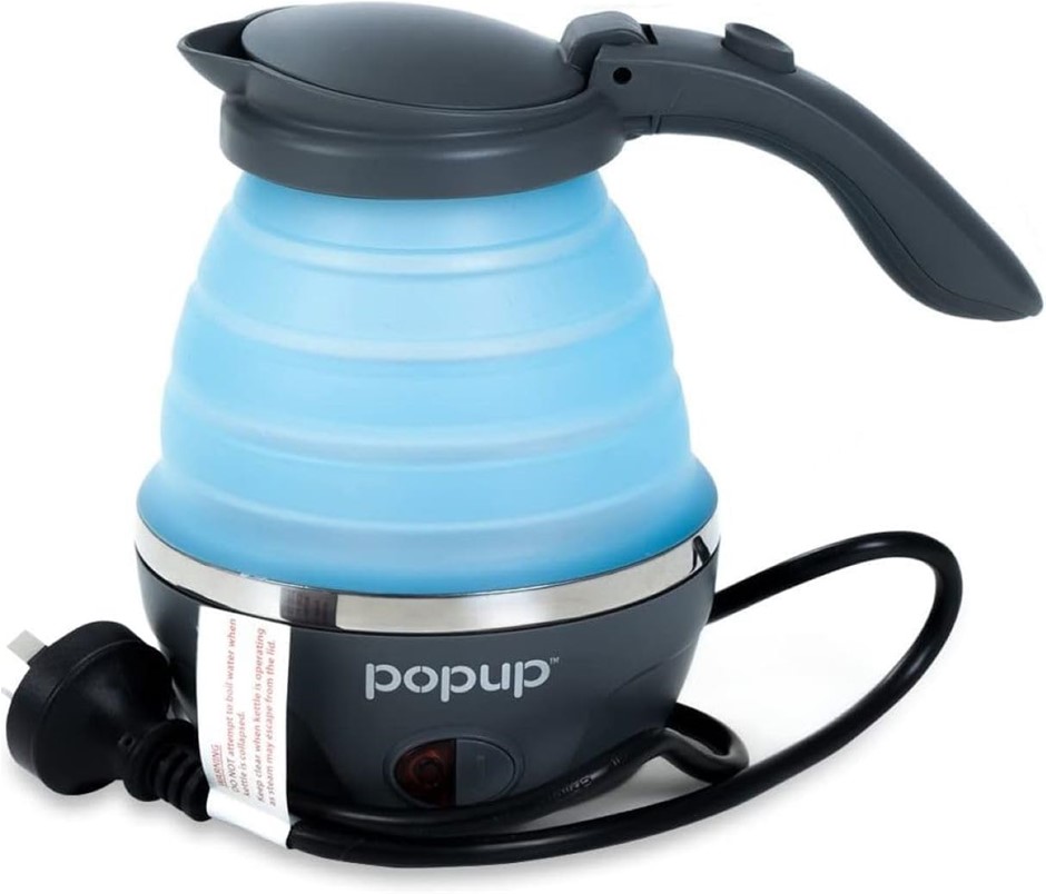 OZTRAIL Popup 240V 900-1100W Collapsible Kettle, 800 ml Capacity, Blue.