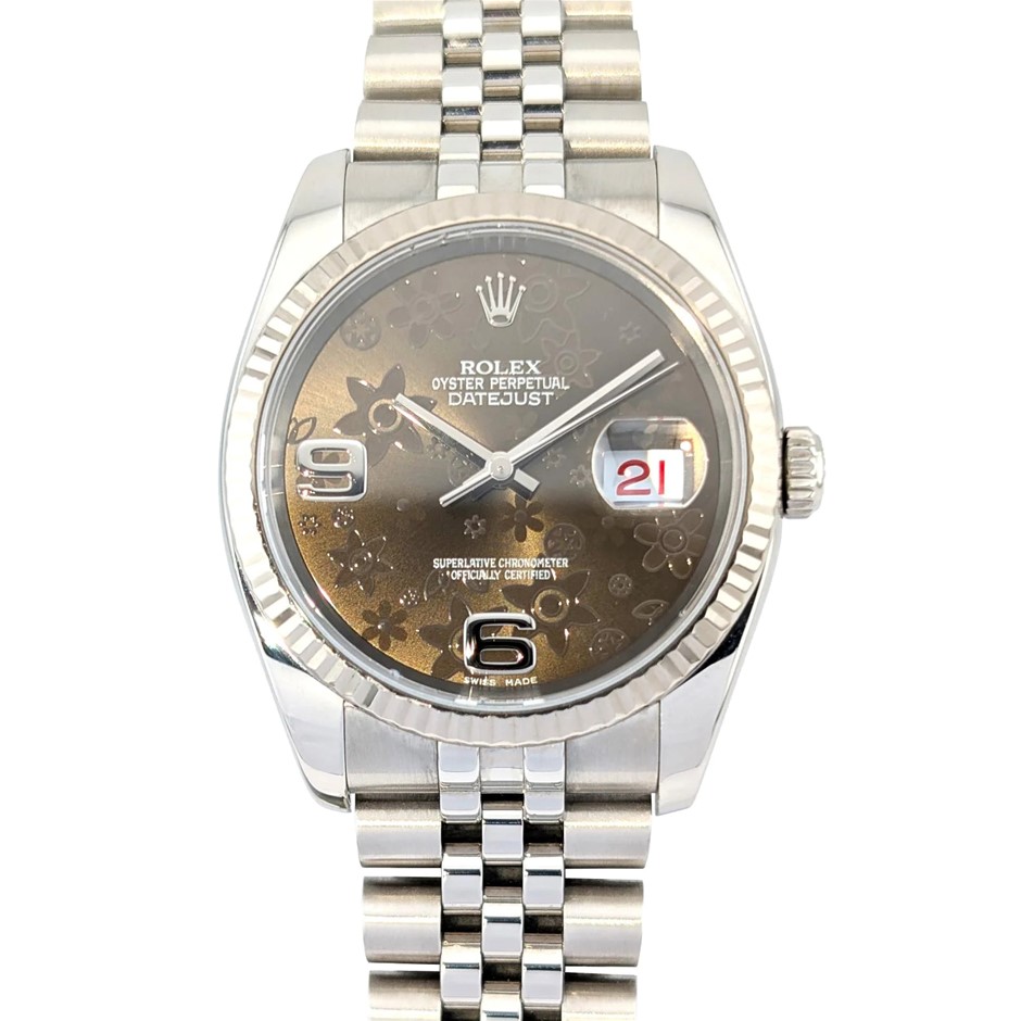 ROLEX DATEJUST 36MM WHITE ROLESOR 116234 CHOCOLATE FLORAL DIAL BXP & COA