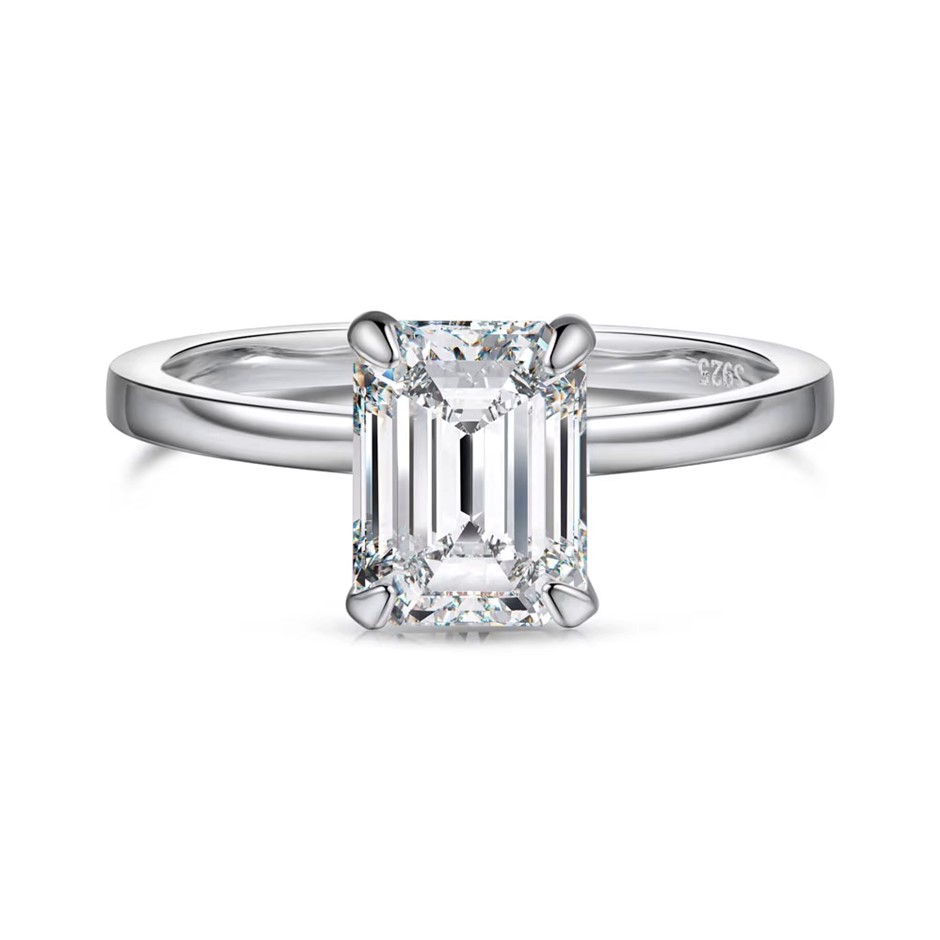 2.0ct Rectangle Lab Created Certified Moissanite 925 Sterling Silver Ring