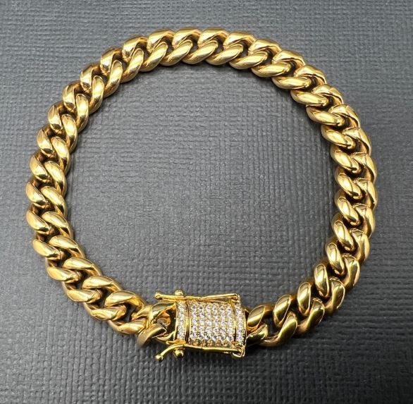 18K Gold-Filled Cuban Bracelet, AAA+ Cubic Zirconia's Clasp, 8MM - 19cm