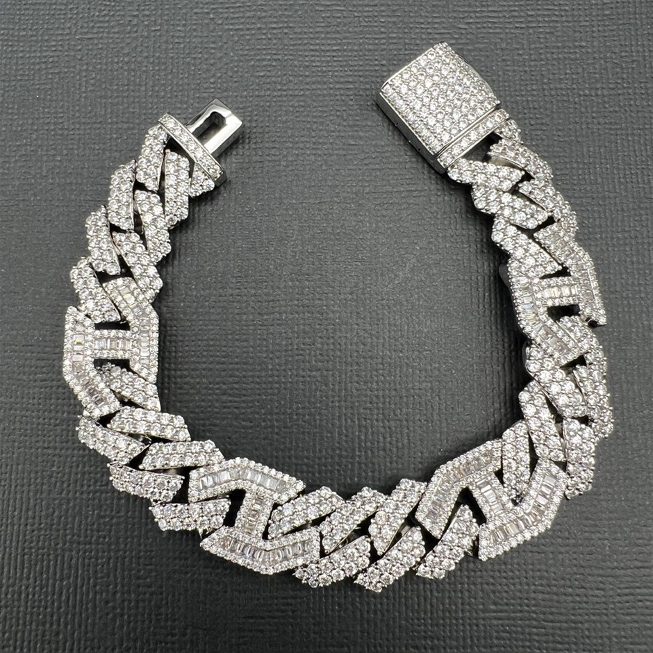 18K White Gold-Filled Cuban Bracelet , AAA+ Cubic Zirconia's - 20.3cm