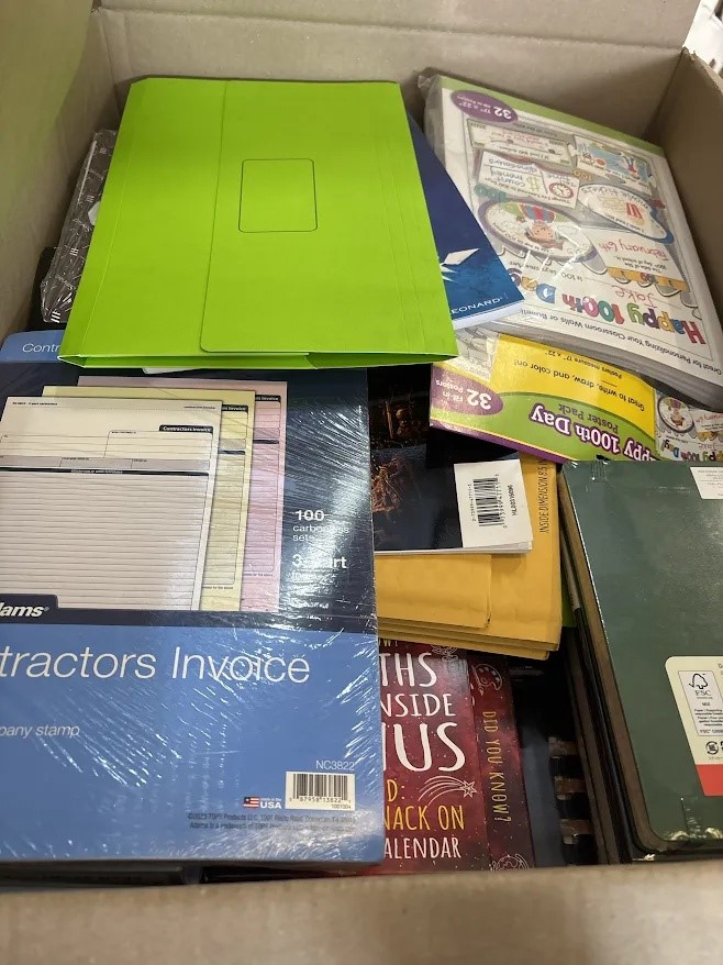 1 Box of Assorted Stationaries, folders, markers, notebooks, calendar 2025,