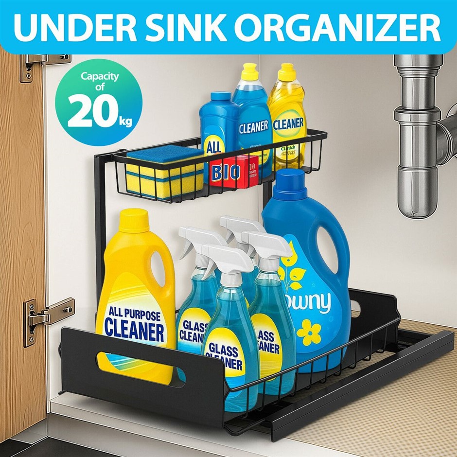 2 Tier Under Sink Storage Rack Pull Out Drawer Carbon Steel