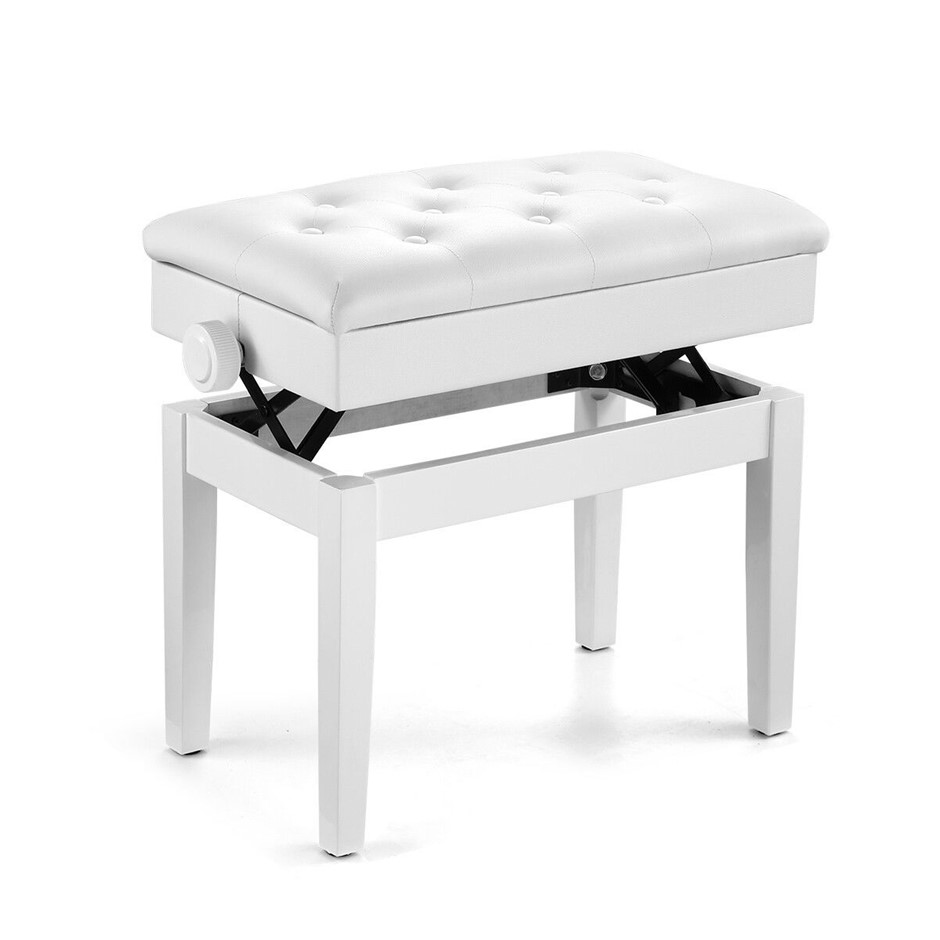 Melodic Height Adjustable Piano Bench Padded Seat Storage White