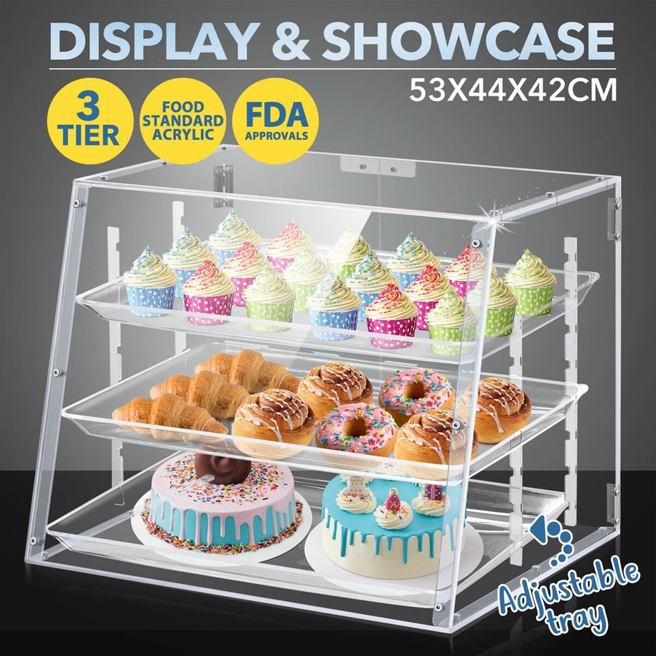 3 Tier Acrylic Cake Display Cabinet Bakery Showcase 5mm Adjustable