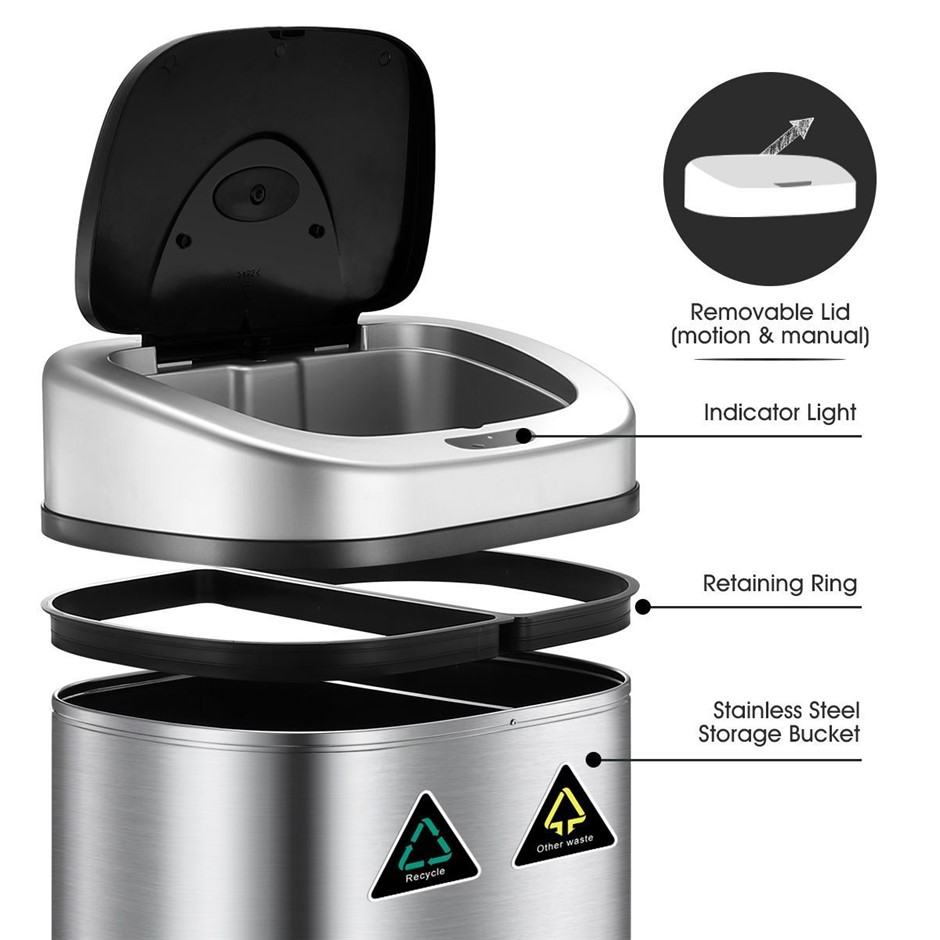 80L Dual Automatic Sensor Rubbish Bin Stainless Steel Kitchen