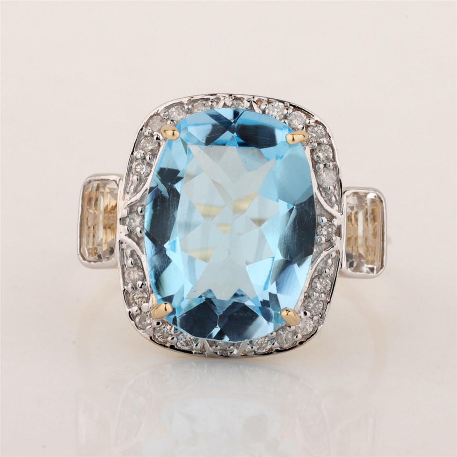 Yellow Gold Natural Swiss Blue Topaz / Natural White Topaz & Diamond Ring
