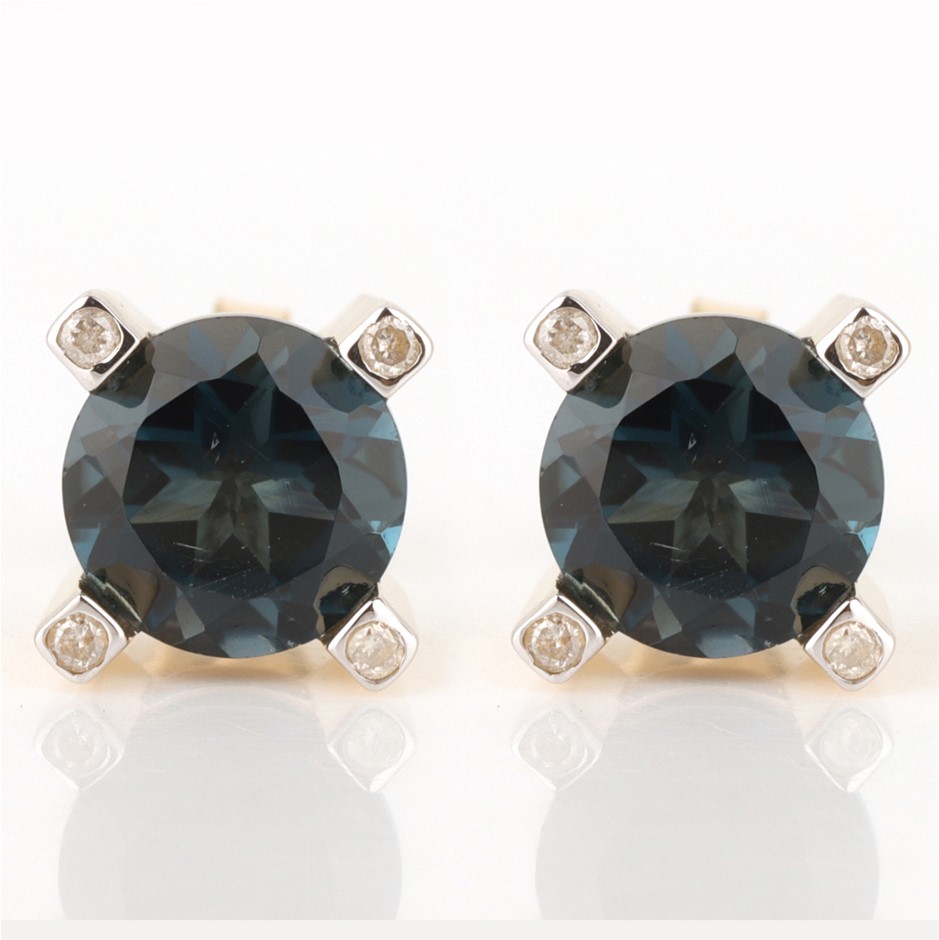 Yellow Gold Natural London Blue Topaz & Diamond Earrings