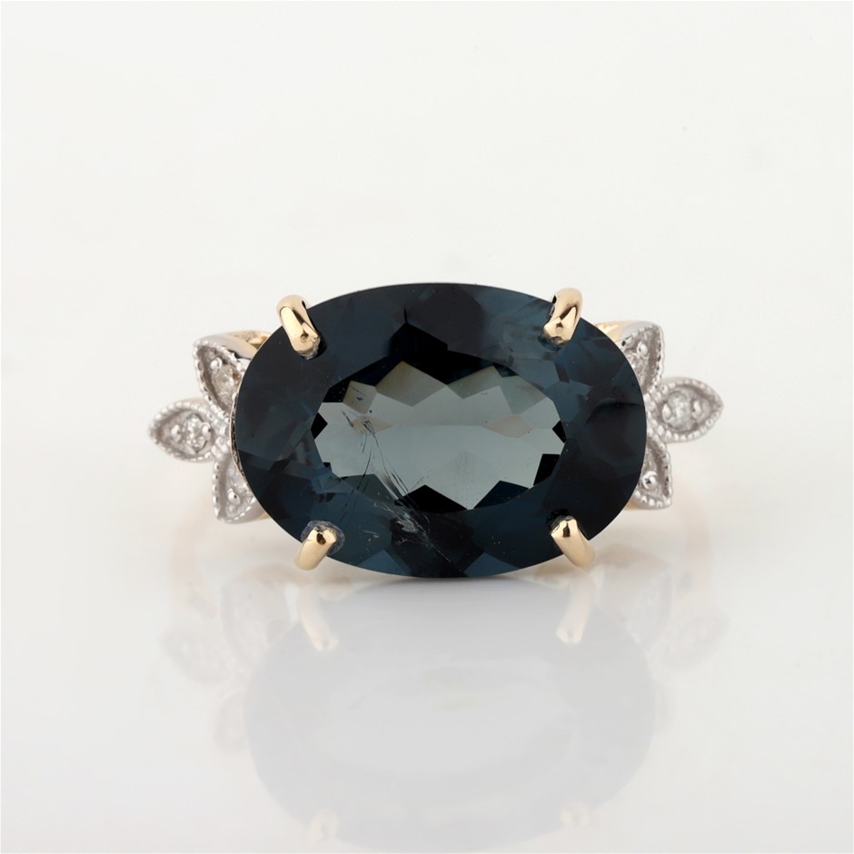 Yellow Gold Natural London Blue Topaz & Diamond Ring