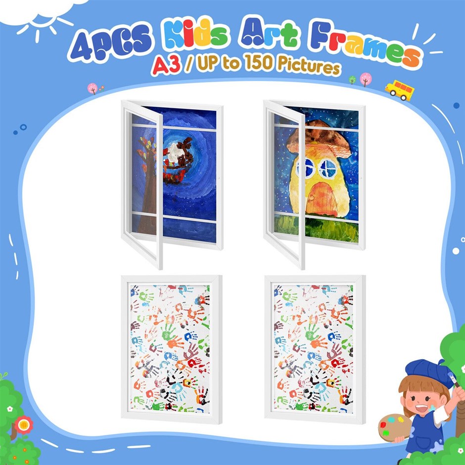 4pcs A3 Kids Art Frames Holds 150 Pictures Wall Hanging White