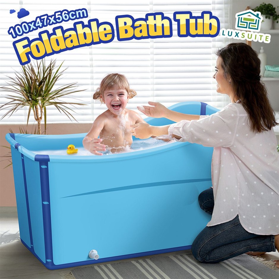 Large Foldable Freestanding Bath Tub Portable Collapsible Blue 100x47x56cm