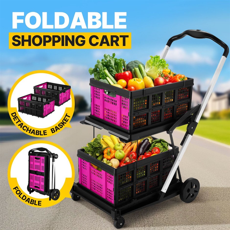 Folding Hand Truck Shopping Trolley 2 Basket Utility Cart 4 Wheels