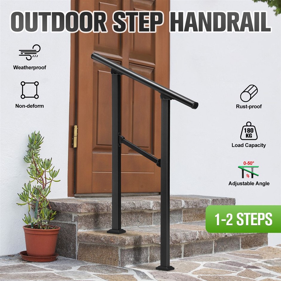 1-2 Step Outdoor Stair Handrail Kit Adjustable Metal Safety Railing Black