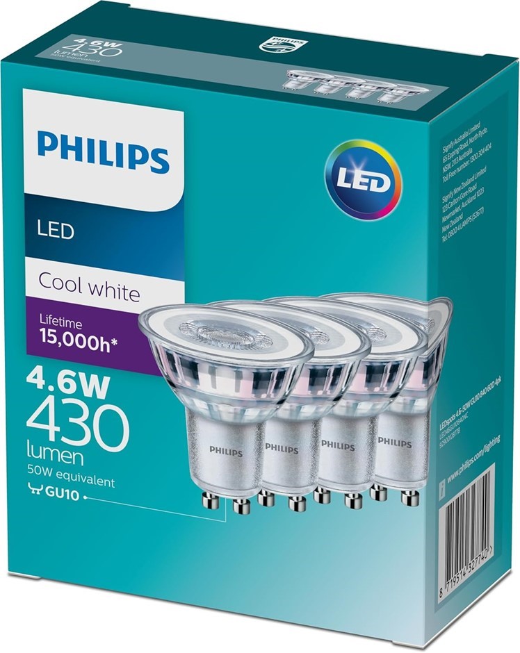 Philips LED Spot GU10, 4.6W Cool White, 3 Pack