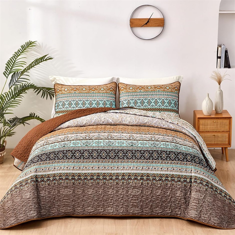 WONGS BEDDING Boho Fall Quilt Set Single, Brown Bohemian Quilt Bedding Set,