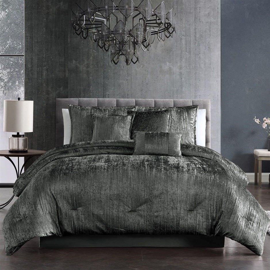 RIVERBROOK Home Turin Plush Comforter Set, King, Charcoal, 7-Piece Set
