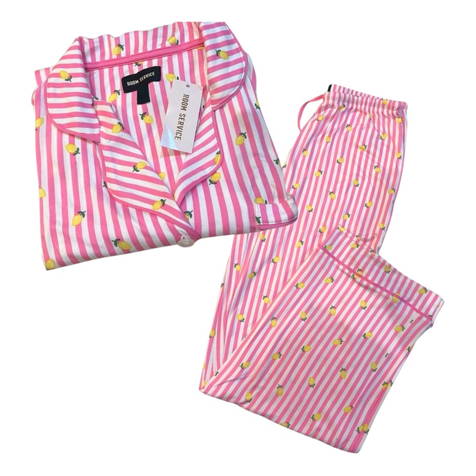 ROOM SERVICE Women's 2pc Notch Collar PJ Set, Size L, Pink Stripes/Lemon. N