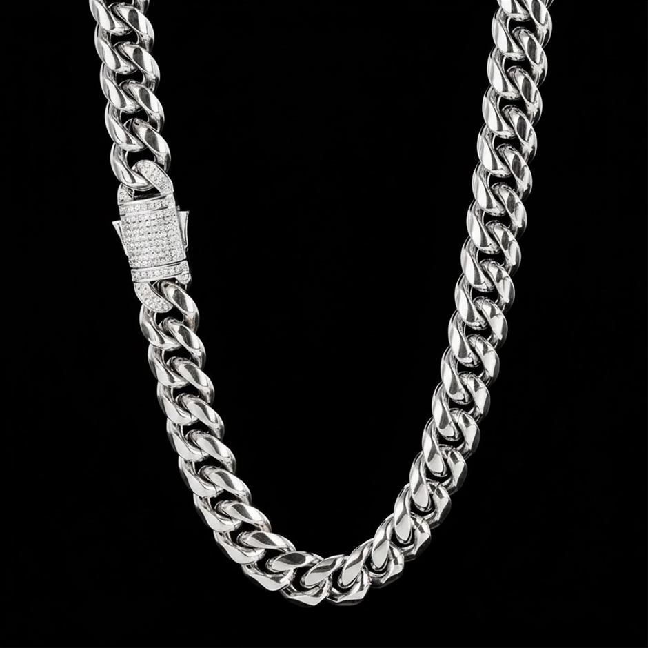 Silver-Filled Cuban Chain Necklace with AAA+ Cubic Zirconia's- 12MM-50.8cm