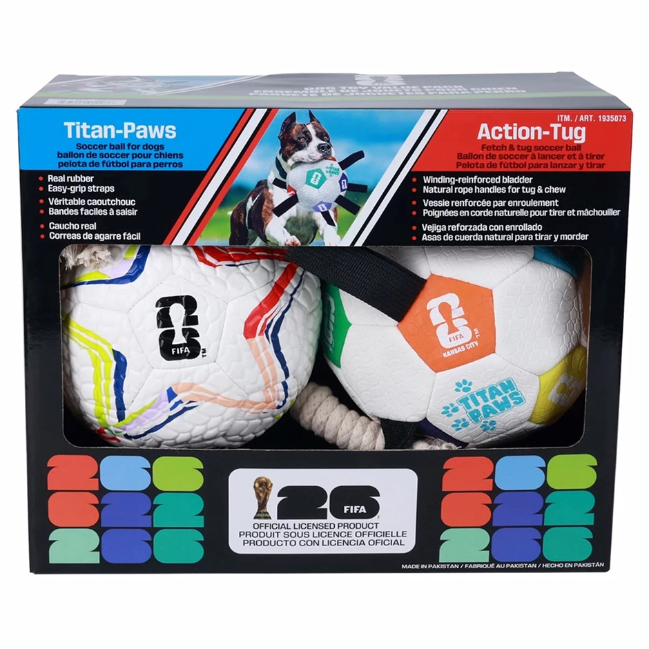 FIFA 2pk World Cup Official 2026 Dog Toys. NB: Damaged packaging, 1 x ball