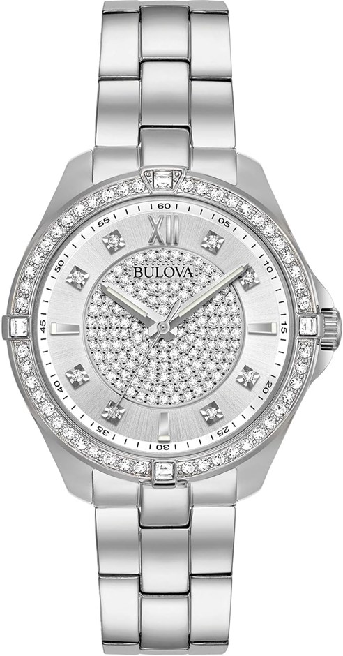 BULOVA Crystal Quartz Ladies Watch, Stainless Steel, Silver-Tone (Model: 96