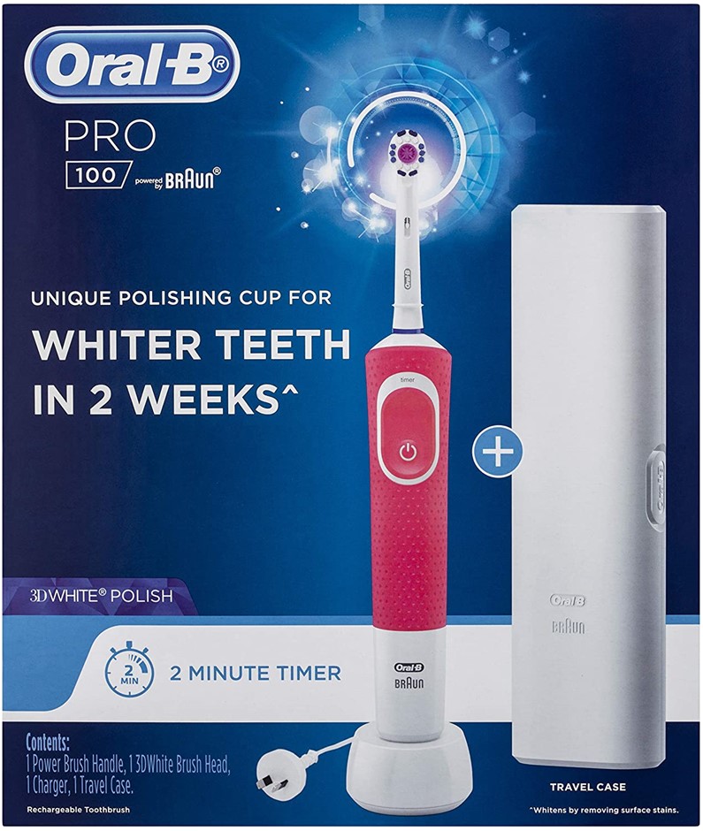 2 x ORAL-B Pro 100 3D White Polish Electric Toothbrush, Pink. NB: Both Miss