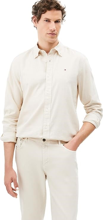TOMMY HILFIGER Men's Regular Fit Linen Shirt, Size S, Classic Beige, XM0409