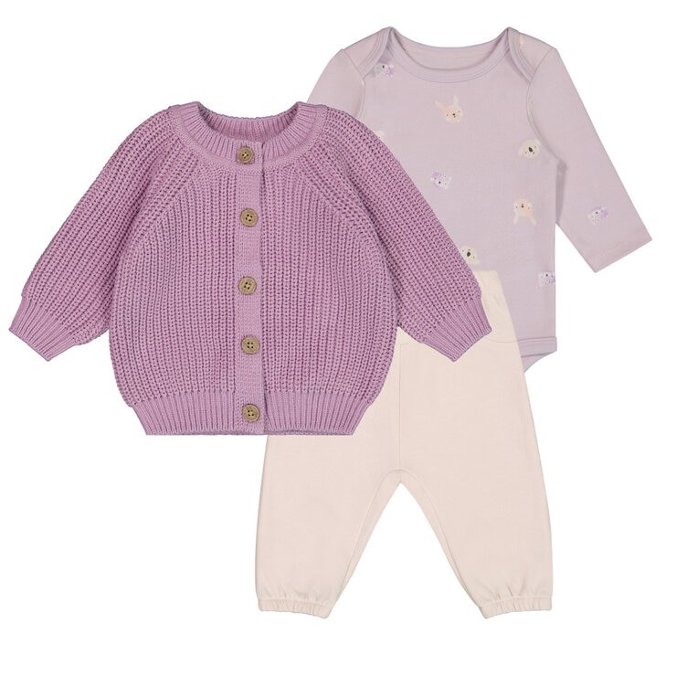 3pc ROCOCO Baby's Cardigan, Bodysuit & Pant Set, Size 24M, Purple. NB: dama