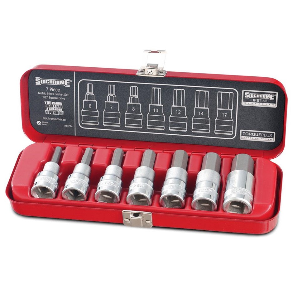SIDCHROME 7pc 1/2” Drive Metric In-Hex Socket Set. NB: Missing size 8.