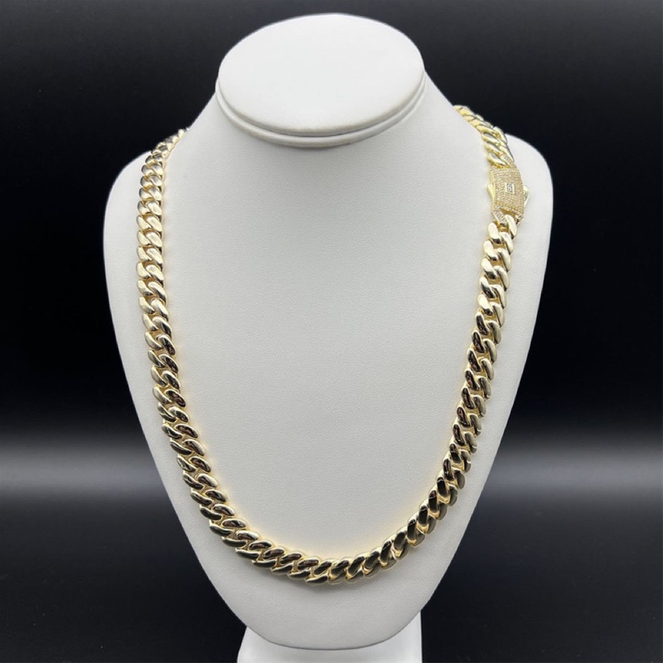 14K Gold-Filled Solid Cuban Necklace, AAA Cubic Zirconias, 10MM Wide-60.9cm