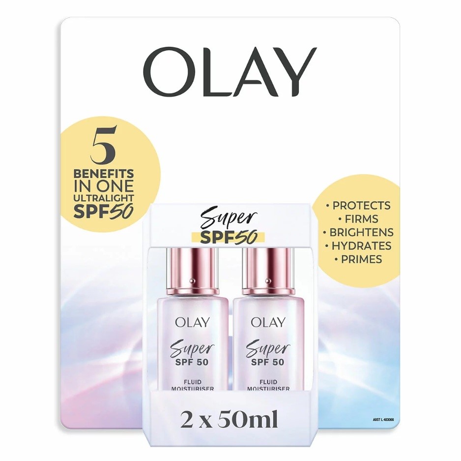 OLAY Super SPF50 Fluid Moisturiser, 2 x 50ml. N.B: Damaged outer packaging.