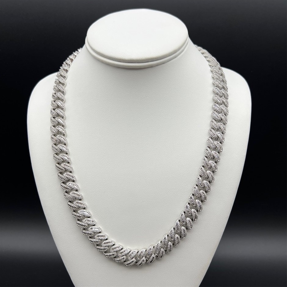 18K White-Filled Cuban Chain Necklace with AAA+ Cubic Zirconia's - 60.9cm
