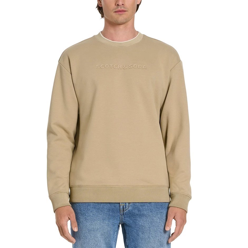 SCOTCH&SODA Men's Embossed Crew Sweatshirt, Size M, 55% Cotton, Tan Beige.