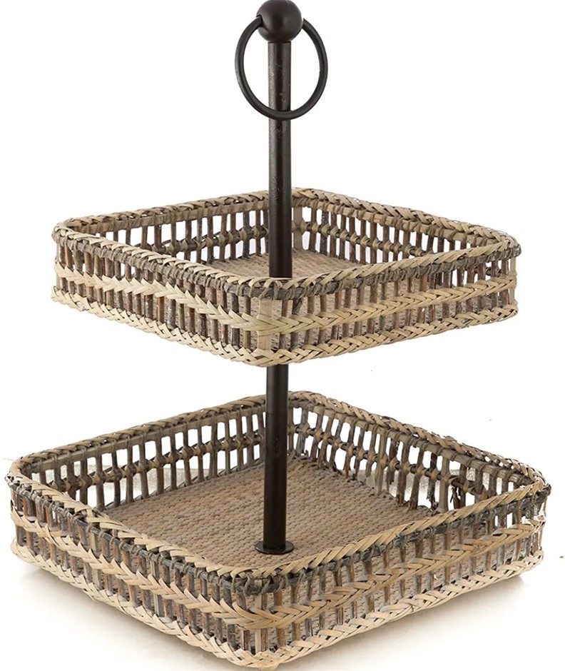 3 X BOHO TRADERS 2 Tier Square Rattan Tray with Metal Handle, 40 x 65 x 40c